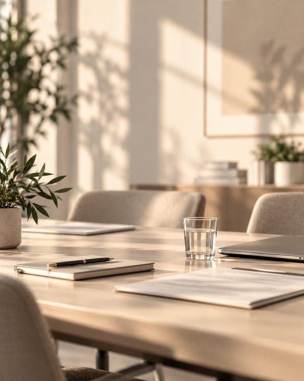 Sala de reuniones con varias sillas alrededor de la mesa de trabajo.