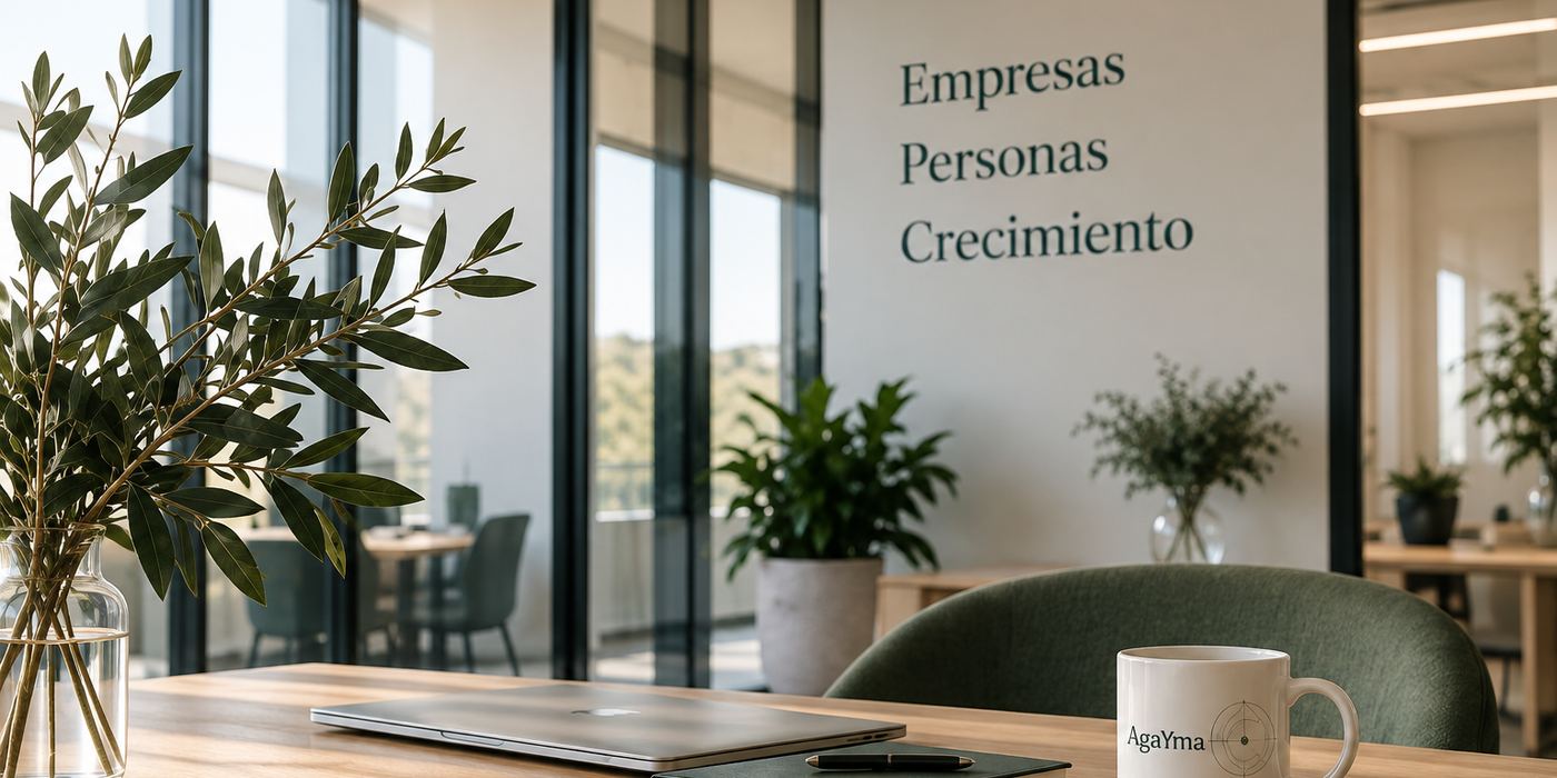 Mesa de trabajo con un portátil, una planta de olivo y una taza con el logotipo de Agayma; al fondo, una sala de reuniones con el rótulo «Empresas, Personas, Crecimiento».